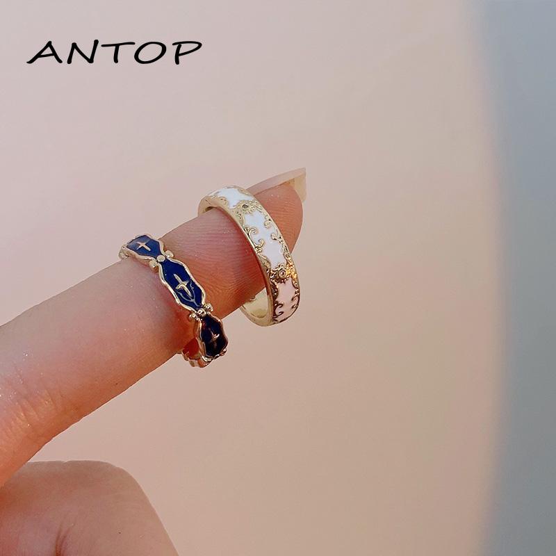 [Antop Lurik Enamel Pola Silang Biru Glasir Wanita Cincin Ring Niche Desain Rasa