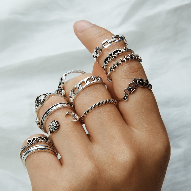 [Unggulan] Geometris Berlubang-out Wanita Set circlet Retro 16-piece ring Set Jari Cincin Kepribadian Retro Trend Hoop Set Knuckle Stacking Rings Untuk Wanita