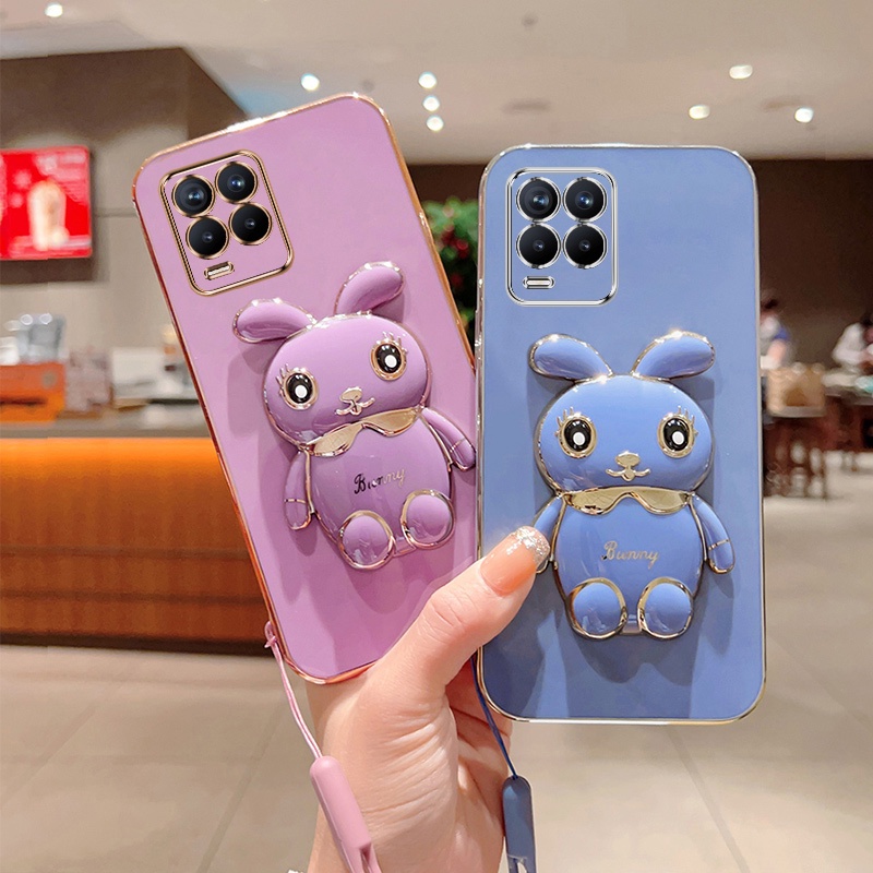 Andyh Case Handphone Untuk OPPO Realme8 5G Realme Narzo 305g Realme V13 5G Realme Q3i Realme Q3i 5G Kartun Lucu Kelinci Kecil Tepi Lurus Soft Shell Mengirim lanyard Silikon