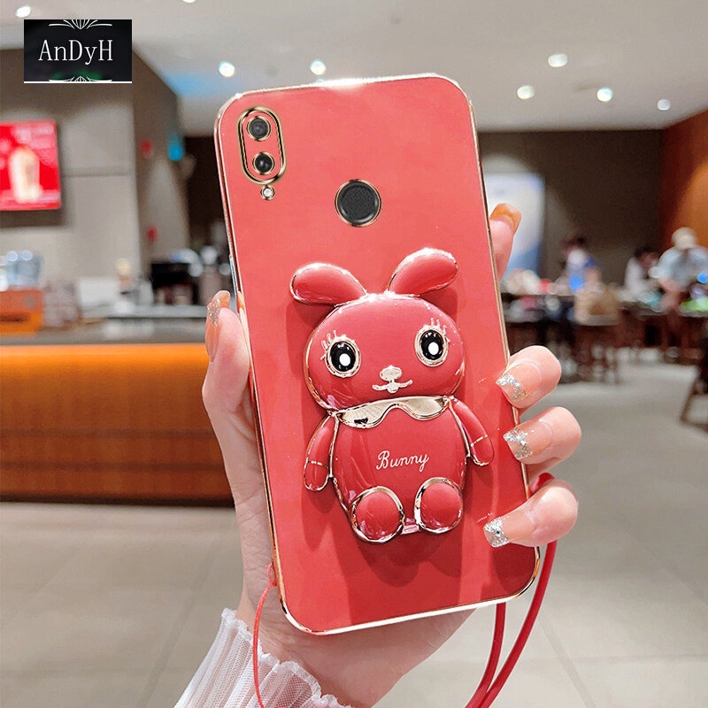 Andyh Casing Ponsel Untuk Huawei Y7 2019 Y7 Prime 2019Cute Kartun Kelinci Kecil Tepi Lurus Soft Shell Mengirim lanyard Silikon