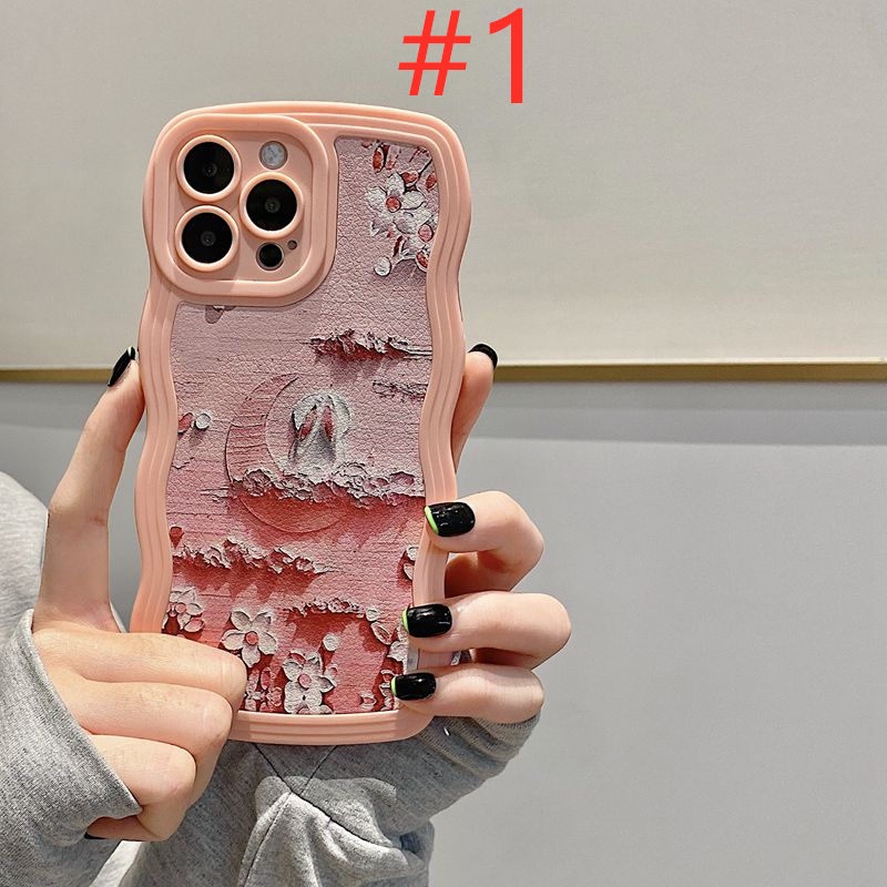 Cute Oil Painting Moon Bunny Soft Case iP iPhone 7 8 Plus SE 2020 X XR XS Max 11 12 13 14 Pro Max FTD Pink Wave Casing Apple