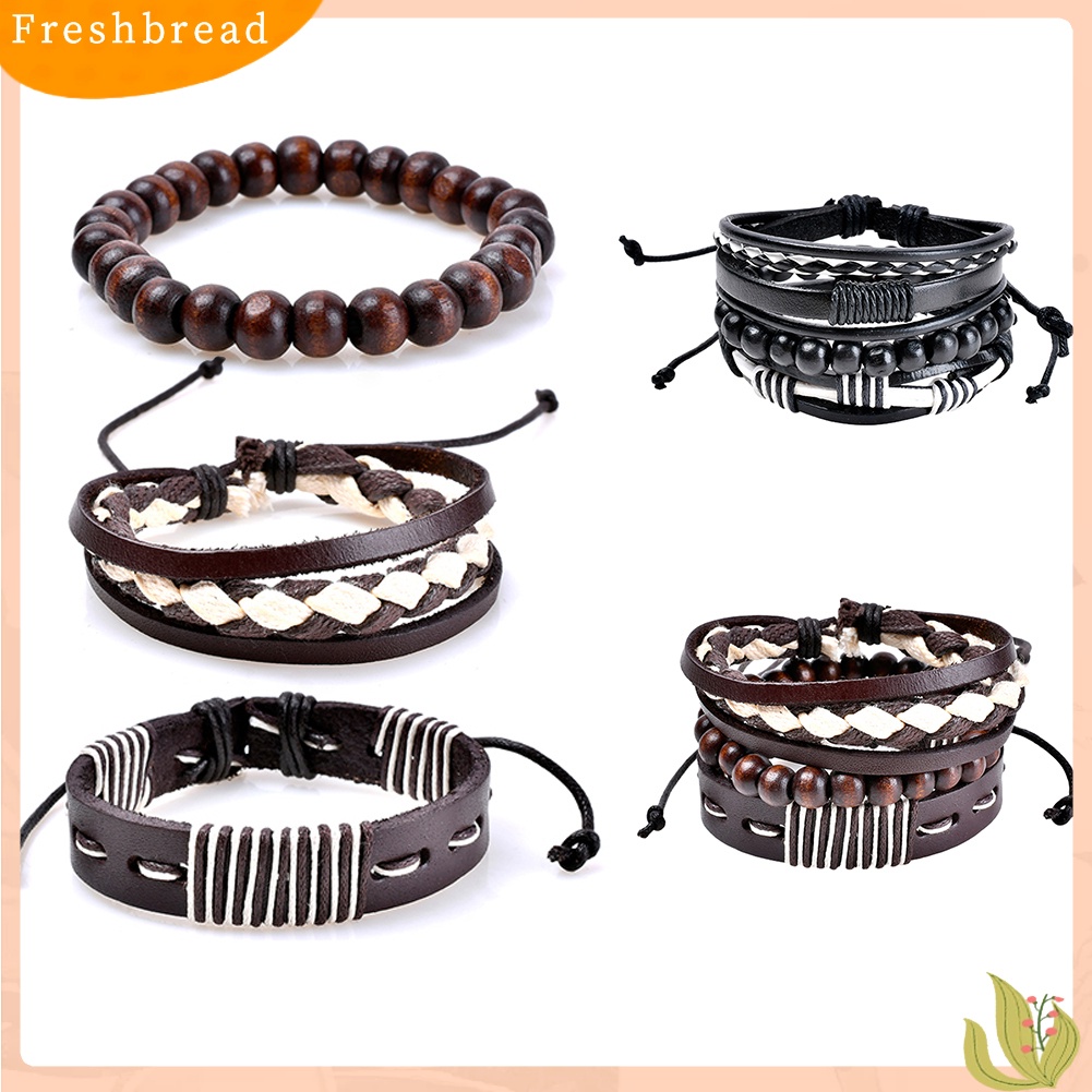 &lt; Freshbread &gt; 3Pcs Manik-Manik Kayu Kepang Retro Perhiasan Gelang Bangles Kulit Imitasi Untuk Pria