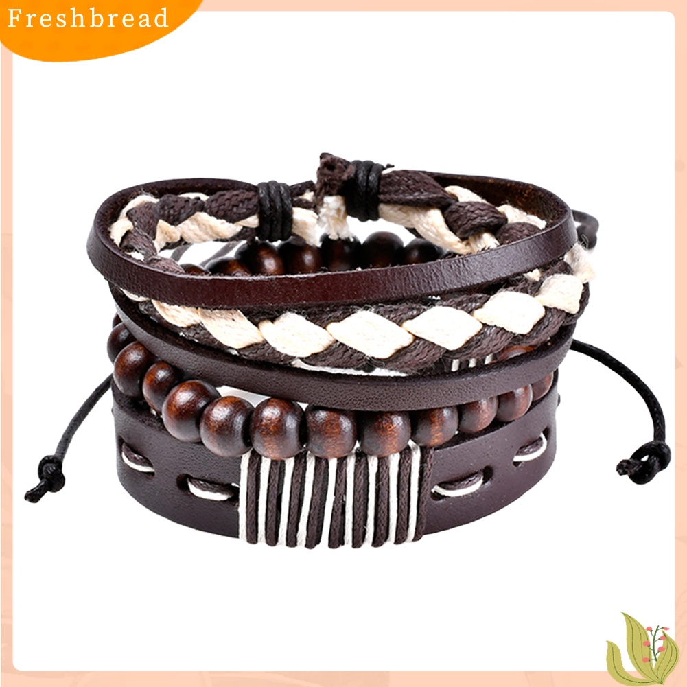 &lt; Freshbread &gt; 3Pcs Manik-Manik Kayu Kepang Retro Perhiasan Gelang Bangles Kulit Imitasi Untuk Pria