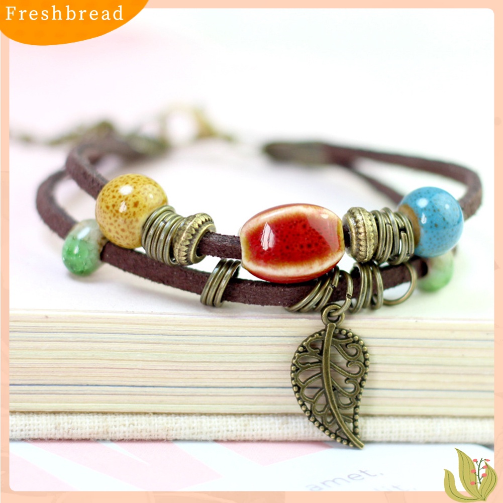 &lt; Freshbread &gt; Bohemian Wanita Double Layer Leaf Charm Ceramics Beads Gelang Tali Kulit Imitasi