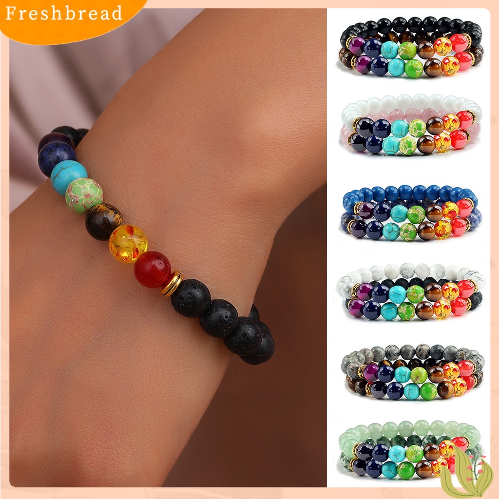 &lt; Freshbread &gt; 1pasang Gelang Manik-Manik Lapisan Ganda Tujuh Cakra Warna-Warni Alami Batu Vulkanik Pergelangan Tangan Berbagai Wanita Pria Yoga Olahraga Chakra Gelang Hadiah Pasangan