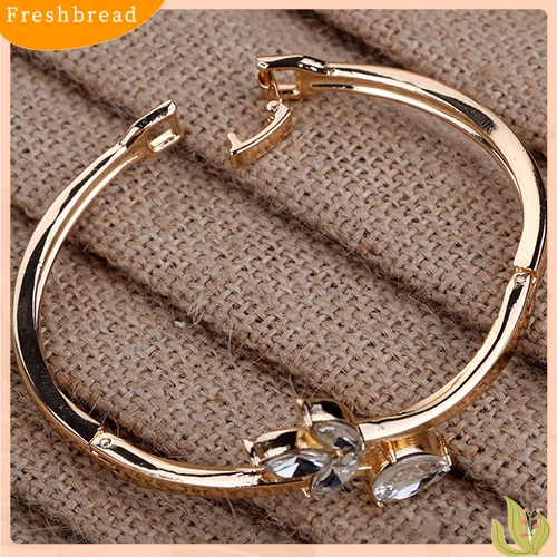 &lt; Freshbread &gt; Wanita Rose Gold Disepuh Berlian Imitasi Bertatahkan Bunga Ramping Cuff Bangle Gelang