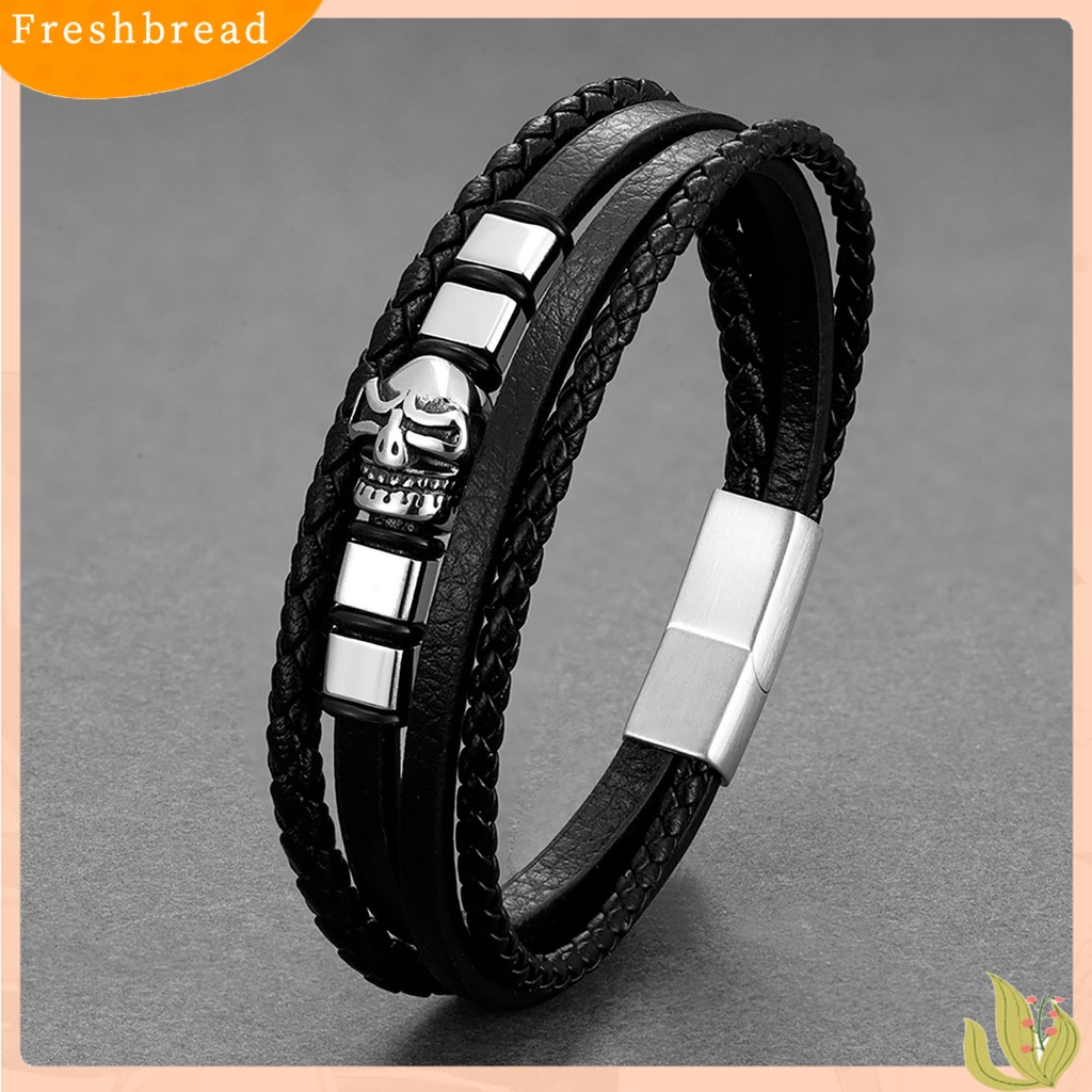 &lt; Freshbread &gt; Pria Gelang Handmade Anyaman Desain Tengkorak ic Gesper Geometris Dekoratif Hadiah Multilayer Bungkus Laki-Laki Kulit Imitasi Bangle Fashion Perhiasan Untuk Pakaian Sehari-Hari