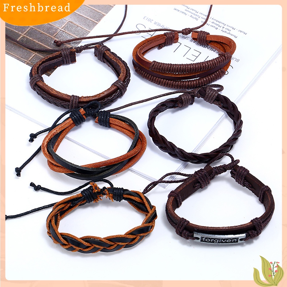 &lt; Freshbread &gt; 6Pcs/Set Pria Vintage Punk Dikepang Kulit Imitasi Multilayer Handmade Gelang Set