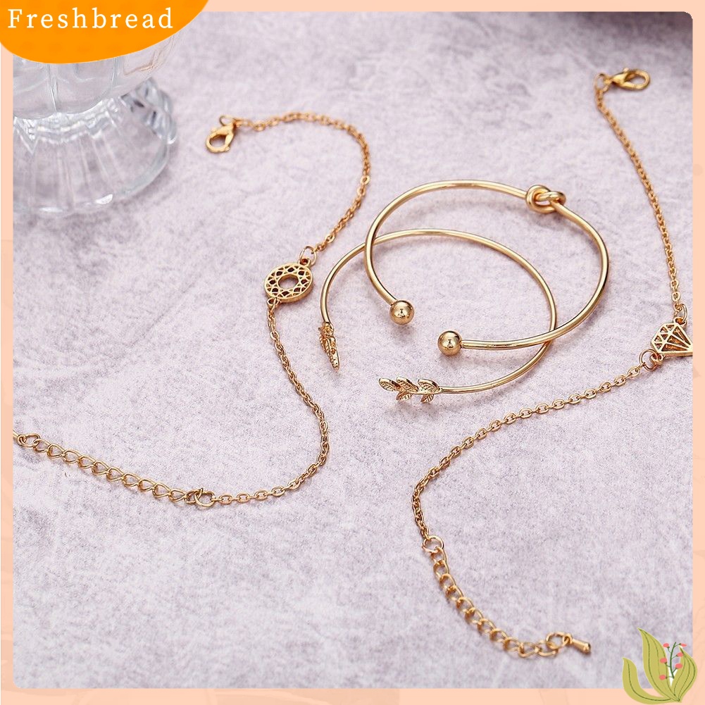 &lt; Freshbread &gt; 4Pcs/Set Boho Wanita Daun Simpul Berongga Kristal Terbuka Bangle Gelang Perhiasan Decor