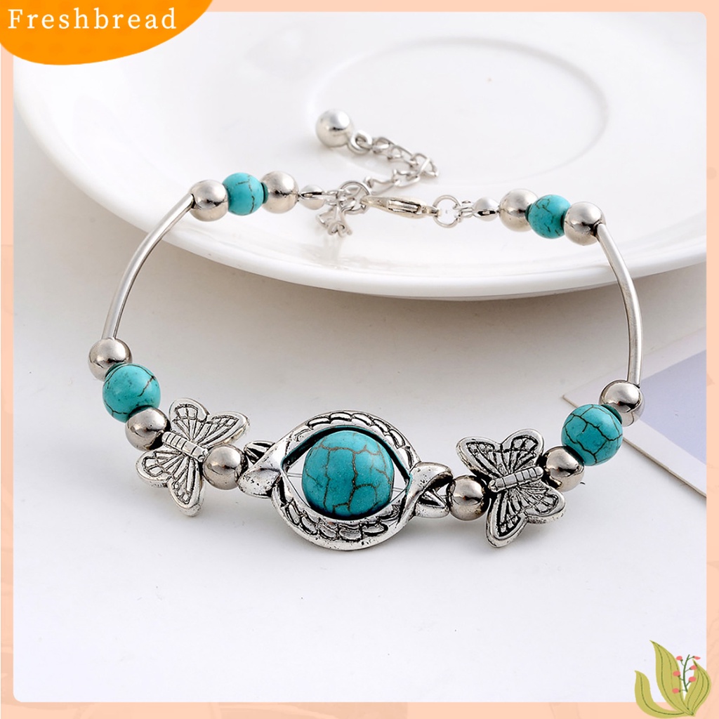 &lt; Freshbread &gt; Kupu-Kupu Dekorasi Adjustable Unisex Gelang Alloy Handmade Turquoises Beads Retro Gelang Perhiasan Aksesoris