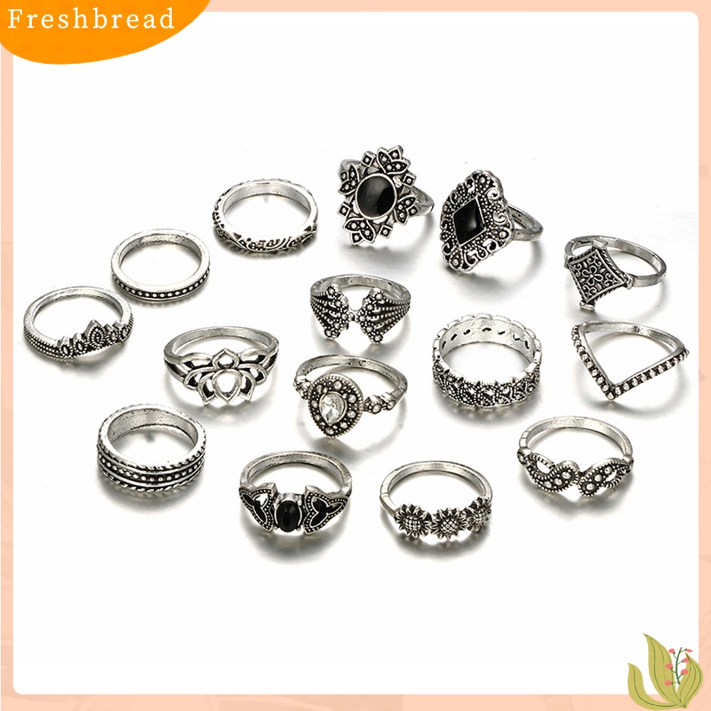 &lt; Freshbread &gt; 15Pcs Cincin Wanita Gaya Bohemian Berlian Imitasi Bertatahkan Perhiasan Tidak Luntur Pembukaan Cincin Untuk Kehidupan Sehari-Hari