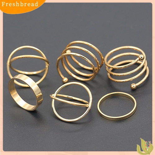 &lt; Freshbread &gt; 6Pcs/Set Wanita Golden Tone Stack Polos Slim Band Midi Ring Spiral Knuckle Rings