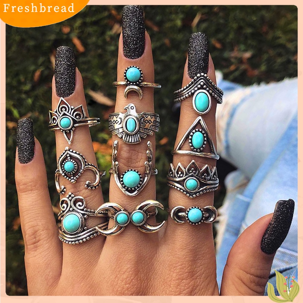 &lt; Freshbread &gt; 11 /13 /15Pcs Cincin Buku Jari Ukir Bunga Dapat Ditumpuk Alloy Bohemia Hitam Faux Permata Jari Rings Perhiasan Aksesori