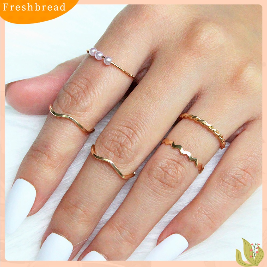 &lt; Freshbread &gt; 5Pcs/set Wanita Stackable Berlian Imitasi Gelombang Tipis Midi Cincin Buku Jari Cincin Perhiasan Aksesori