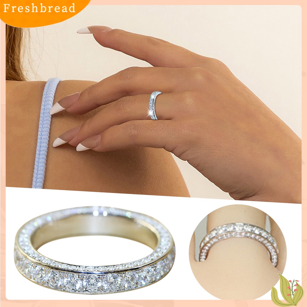 &lt; Freshbread &gt; Cincin Kawin Bulat Mengkilap Tidak Luntur Berlian Imitasi Bertatahkan Simetris Jari Circlet Perhiasan Pengantin