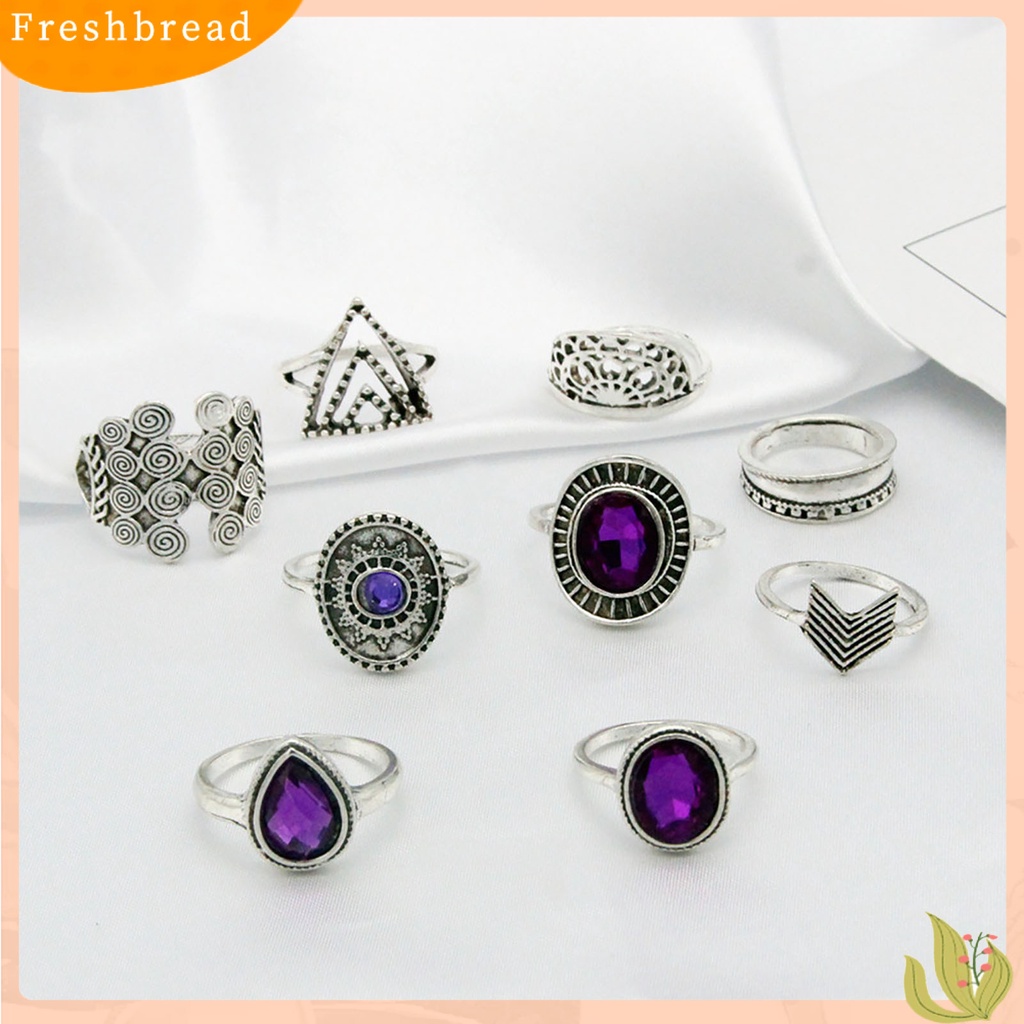 &lt; Freshbread &gt; 9Pcs/set Water Drop Stackable Knuckle Rings Alloy Bohemia Ungu Permata Imitasi Jari Rings Perhiasan Aksesori