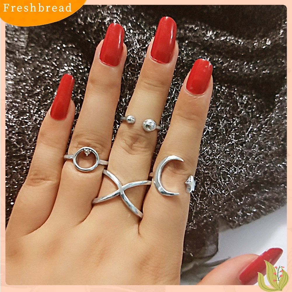 &lt; Freshbread &gt; 4Pcs/Set Salib Berlian Imitasi Bulan Bintang Terbuka Cincin Wanita Jari Buku Jari Perhiasan Hadiah