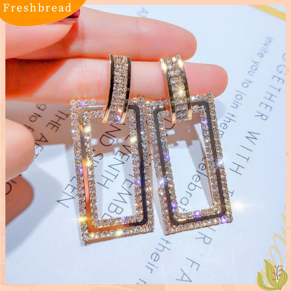 &lt; Freshbread &gt; Wanita Berlian Imitasi Bertatahkan Berongga Persegi Panjang Menjuntai Ear Stud Earrings Perhiasan Hadiah