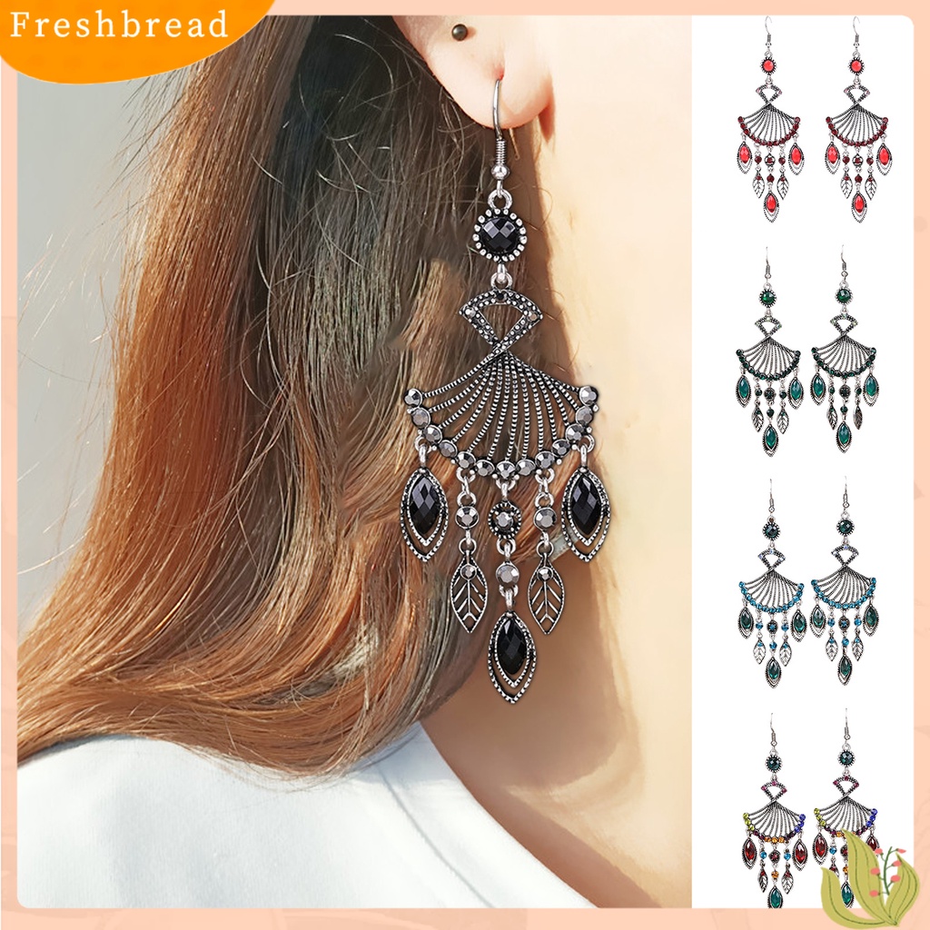 &lt; Freshbread &gt; 1pasang Anting Menjuntai Bohemian Retro Gaya Etnik Rumbai Panjang All-match Dekorasi Kristal Imitasi Wanita Berongga Berbentuk Kipas Drop Earrings Perhiasan Hadiah Untuk Pacaran