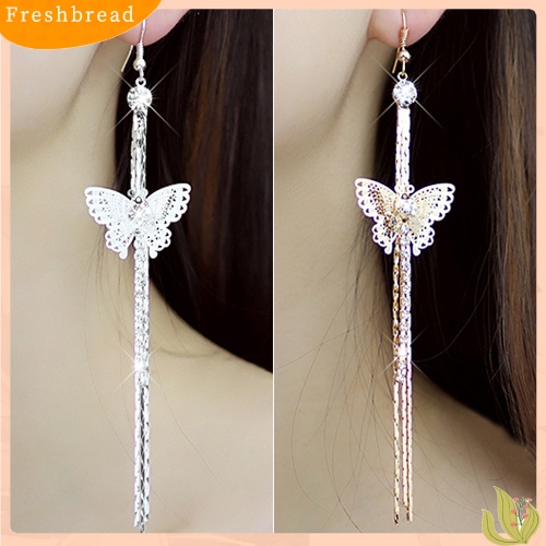 &lt; Freshbread &gt; Wanita Berlian Imitasi Kupu-Kupu Pesta Pernikahan Drop Jumbai Panjang Kait Linear Anting