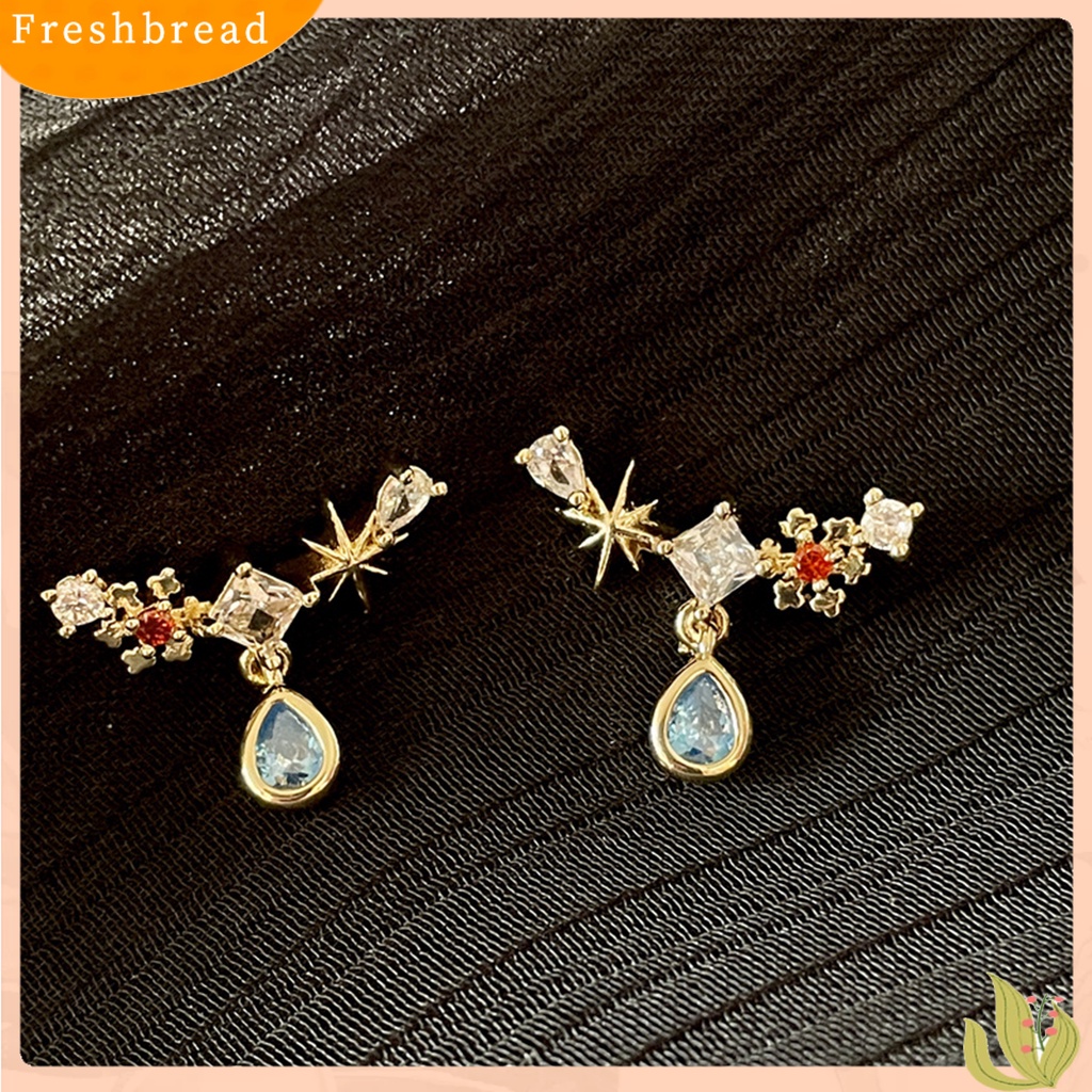 &lt; Freshbread &gt; Kalung Wanita Vintage Tahan Aus Anting Copper Silver Post Blue Water Drop Zircon Untuk Musim Panas