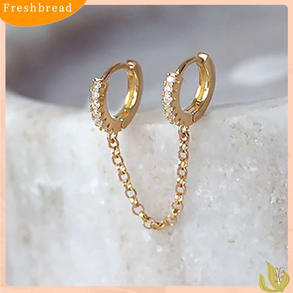 &lt; Freshbread &gt; 1pasang Anting Hoop Rantai Rumbai Cubic Zirconia Wanita Shiny Double Ear Piercing Lingkaran Earrings Perhiasan Aksesoris