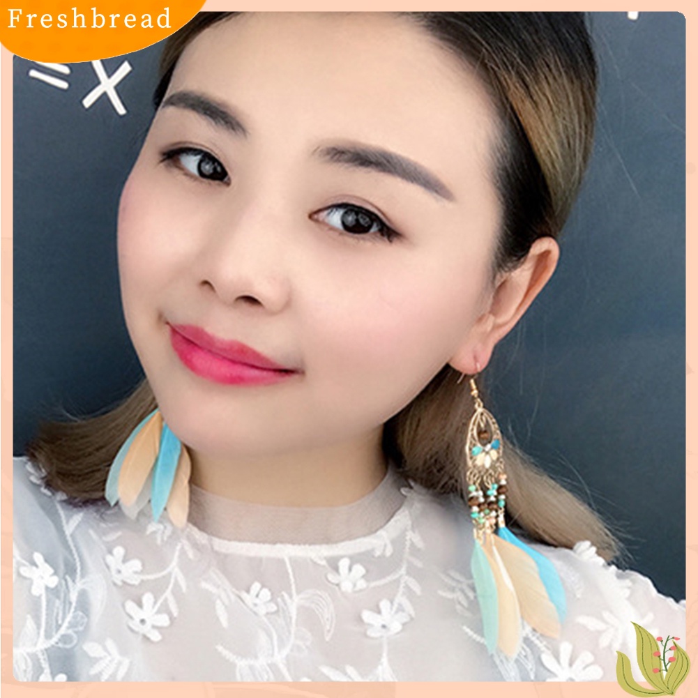 &lt; Freshbread &gt; Boho Wanita Berongga Manik-Manik Oval Warna-Warni Bulu Rumbai Drop Statement Earrings