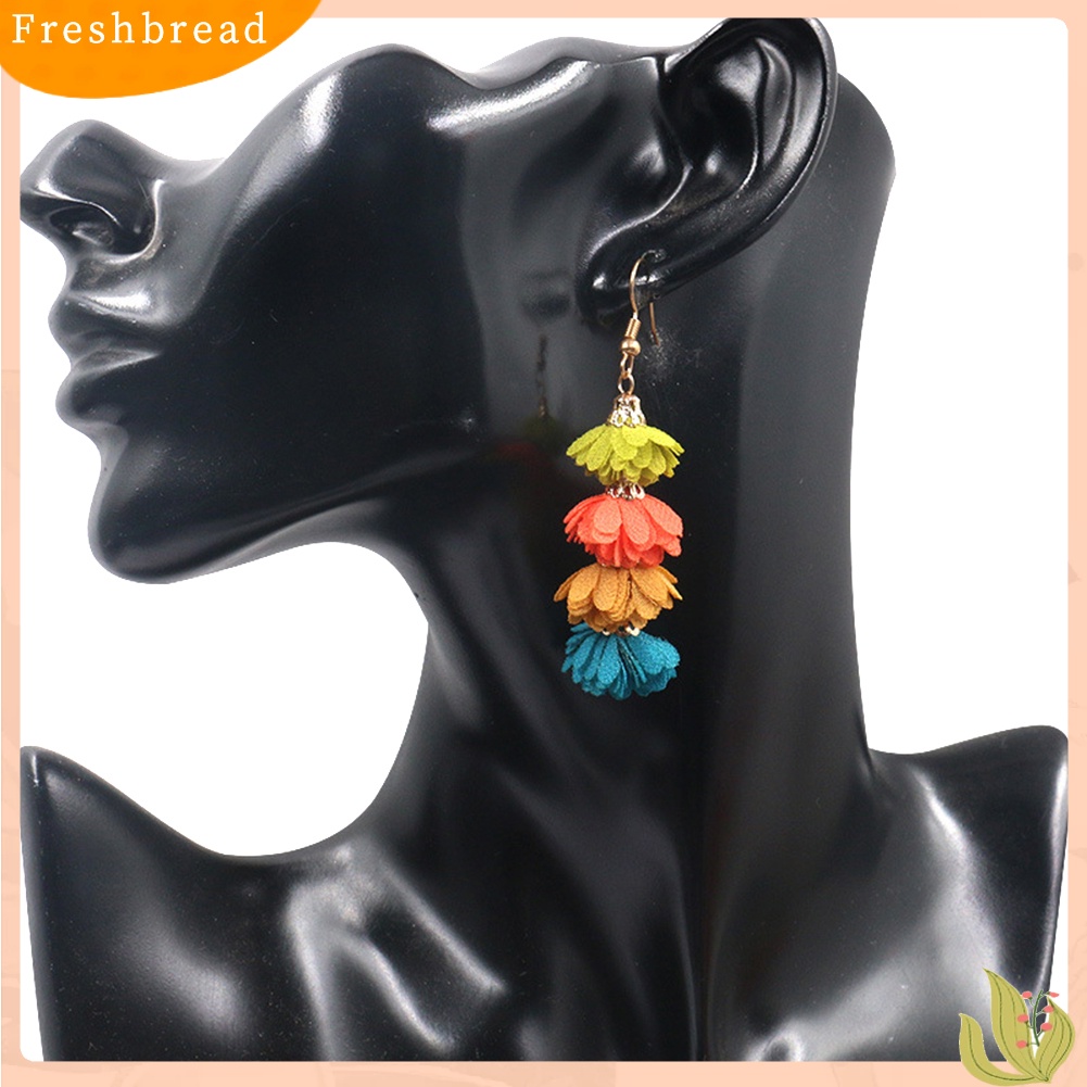 &lt; Freshbread &gt; Boho Pesta Wanita Kain Bunga Rumbai Panjang Menjuntai Drop Hook Anting Perhiasan