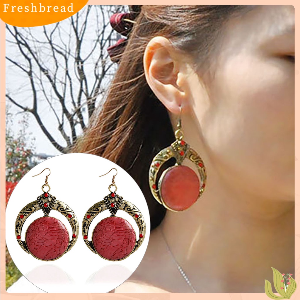 &lt; Freshbread &gt; 1pasang Berlian Imitasi Ukir Unik Dekorasi Retro Anting Bohemia Besar Bulat Menjuntai Kait Anting Perhiasan Fashion