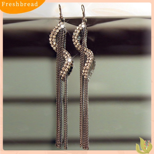 &lt; Freshbread &gt; Fashion Wanita Bentuk S Jumbai Panjang Berlian Imitasi Kait Menjuntai Anting Linear