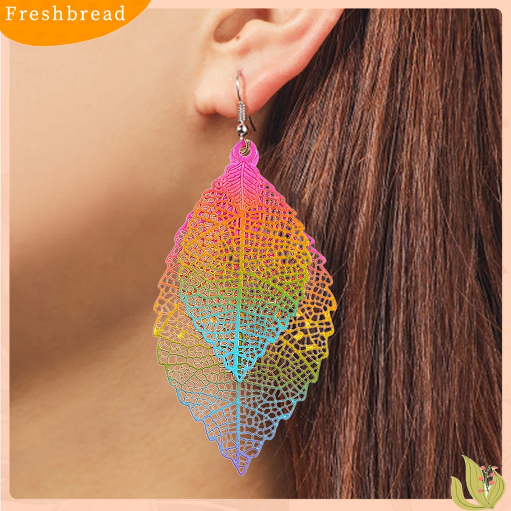 &lt; Freshbread &gt; 1pasang Menjuntai Anting Vintage Boho Panjang Fringe Berongga Keluar Warna-Warni Hias Hadiah Ulang Tahun Wanita Lapisan Ganda Daun Liontin Kait Anting Perhiasan Aksesoris