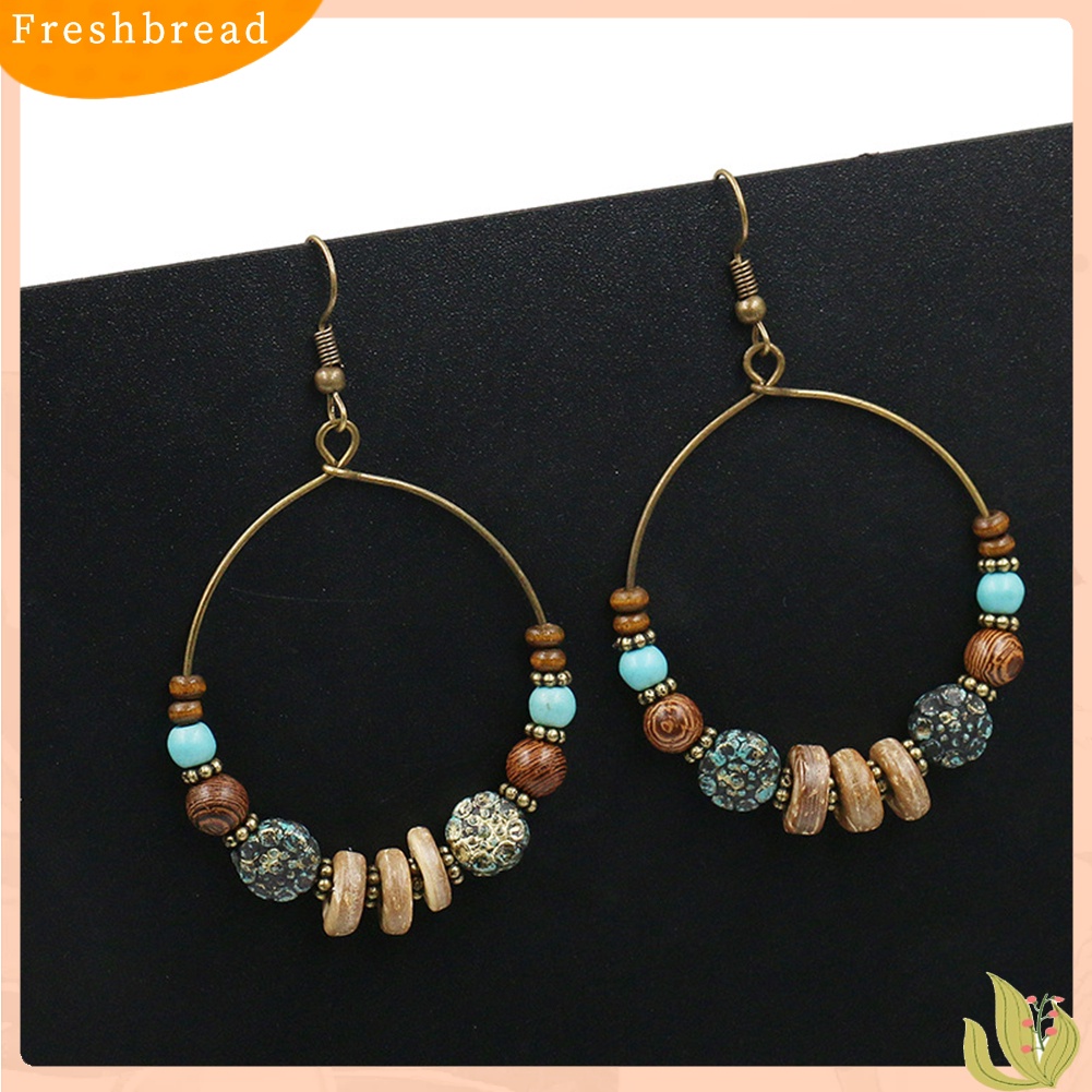 &lt; Freshbread &gt; Bohemian Lingkaran Besar Manik-Manik Kayu Kait Anting Wanita Etnik Faux Turquoise Jewelry