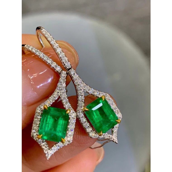 Goldkingdom Aksesoris Perhiasan Fashion Ready Stock Premium Jewelry Design Natural Emerald Princess Square Diamond Double Color Gold Earrings Anting Giwang Anting