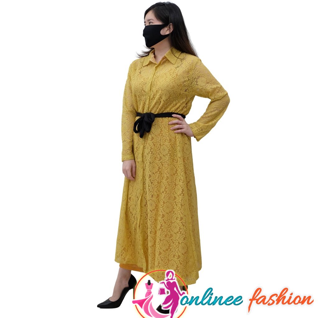 SALEE Maxi Dress Korea Casual Kinan Mustard Dress Brokat Dengan Inner furing Dan Tali Belt