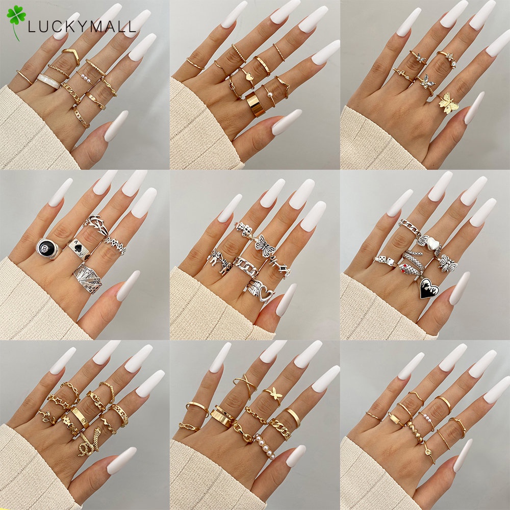 Vintage Perak Emas Cincin Set Untuk Wanita Korea Y2K Resin Kristal Kupu-Kupu Jari Cincin Aksesoris Perhiasan