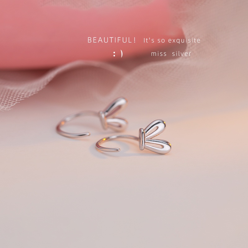 S925 Perak Anting Telinga Kelinci Sederhana Stud Earrings Mini Rabbit Ear Hook Aksesoris Hadiah