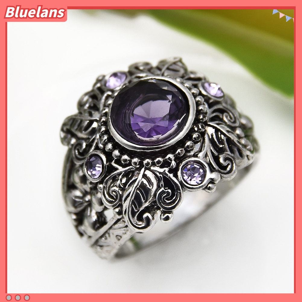 {In Stock} Vintage Bulat Faux Amethyst Hias Ukir Bunga Wanita Jari Cincin Perhiasan Hadiah