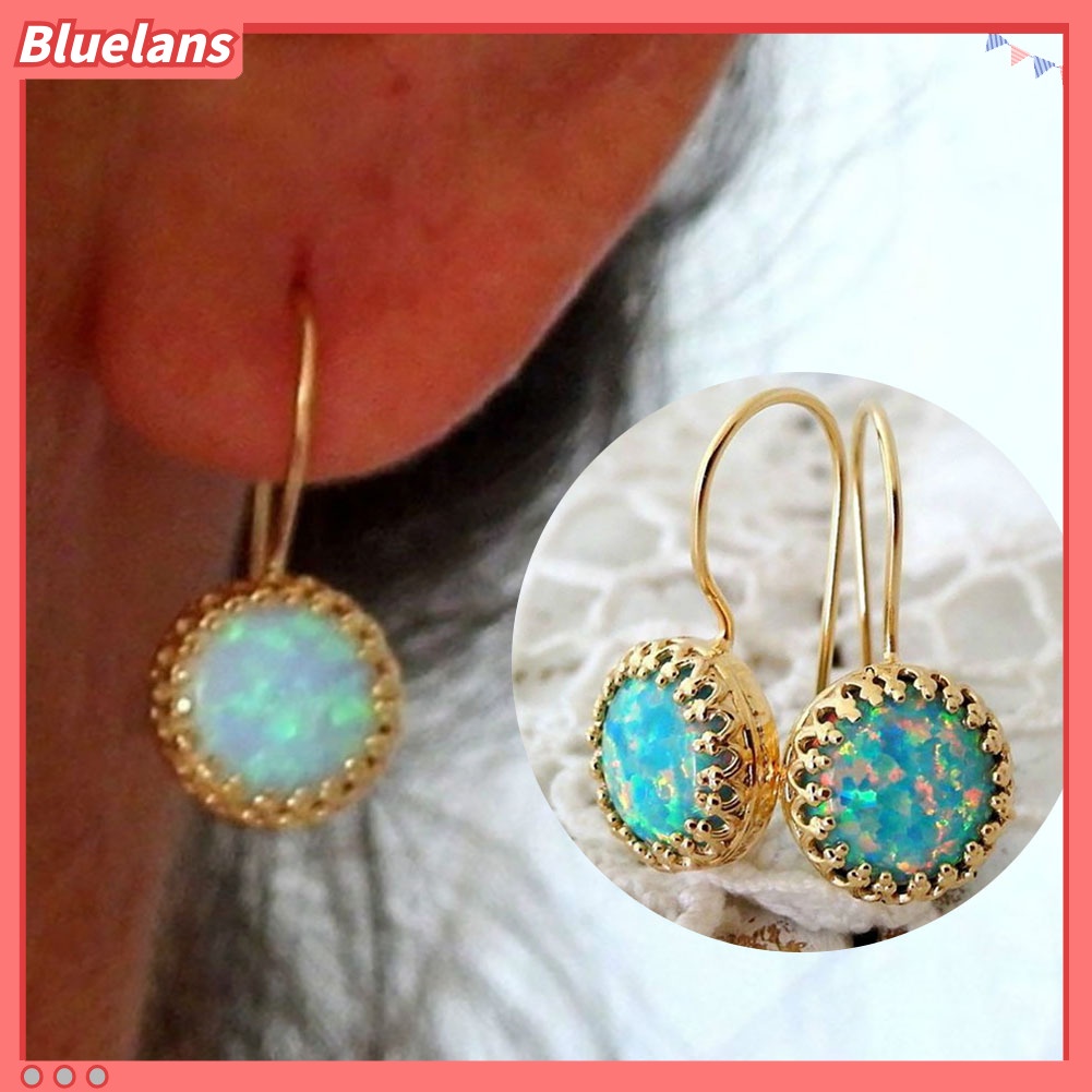 {In Stock} Vintage Wanita Multicolor Bulat Imitasi Opal Ukir Menjuntai Kait Anting Perhiasan
