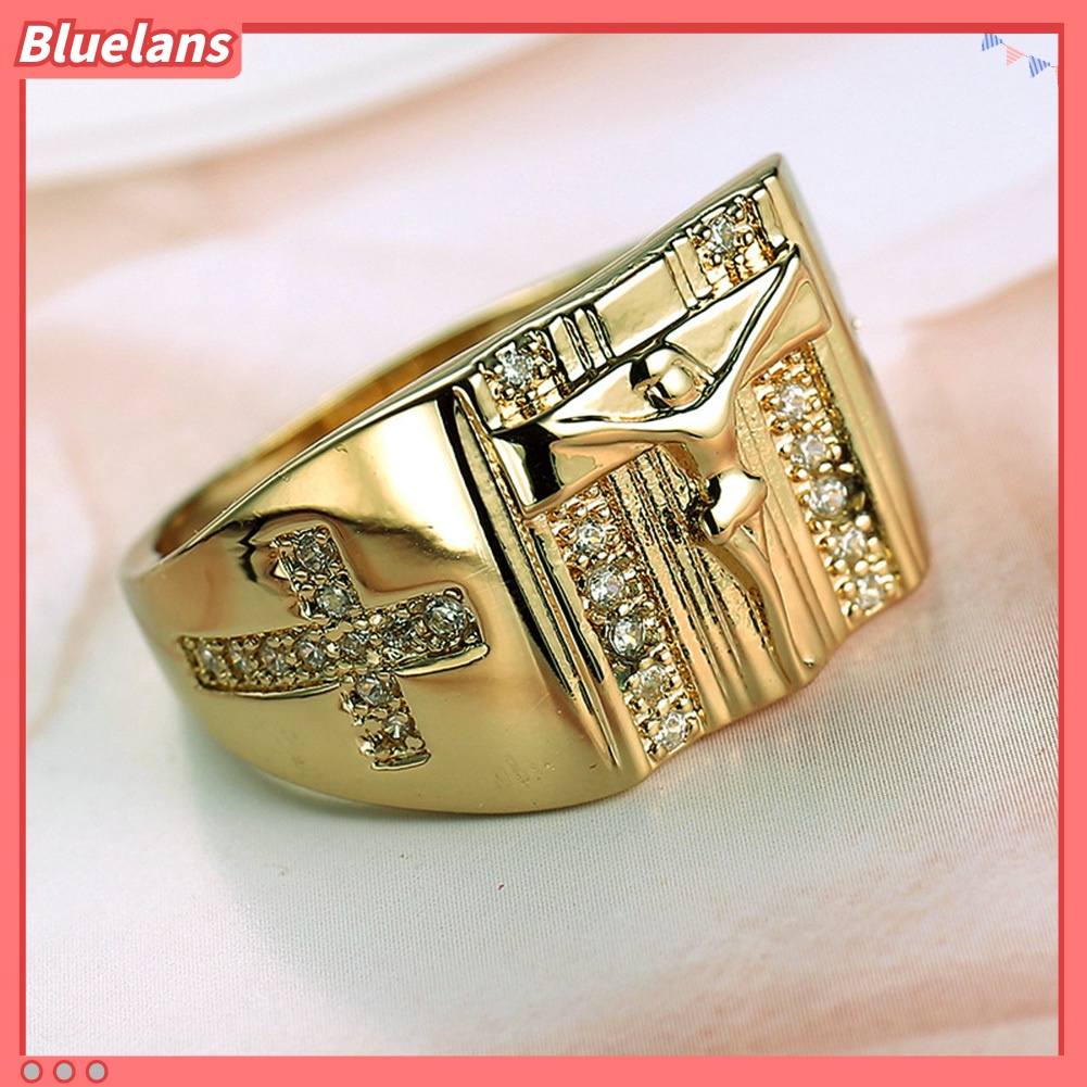 {In Stock} Chic Salib Yesus Ukir Cubic Zirconia Bertatahkan Cincin Unisex Perhiasan Pernikahan Hadiah