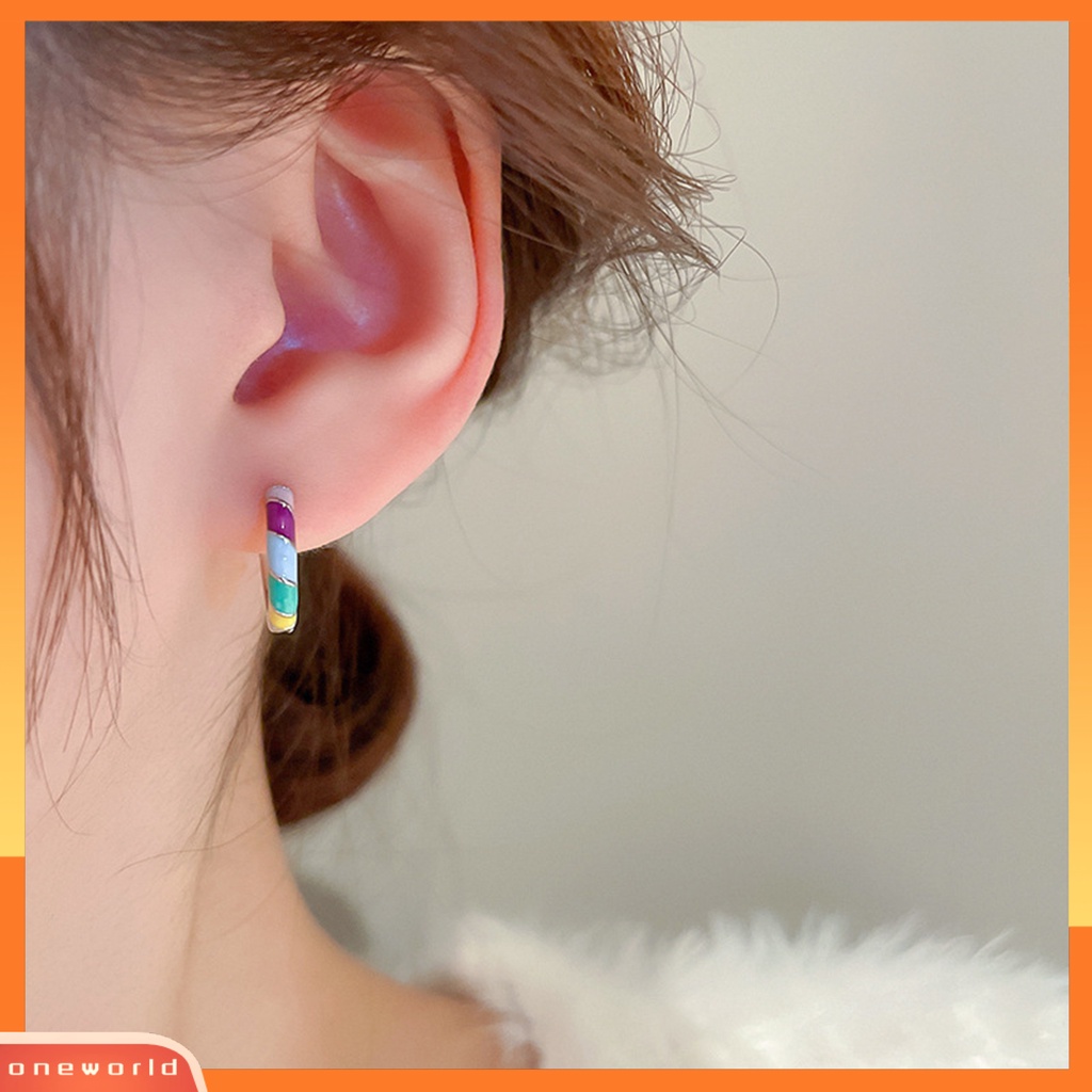 [OWR] 1pasang Anting Stud Warna Kontras Enamel High Gloss Tahan Luntur Dekorasi Barang Fashion Tidak Alergi Rainbow Bulat Lingkaran Hoop Earrings Aksesori Perhiasan