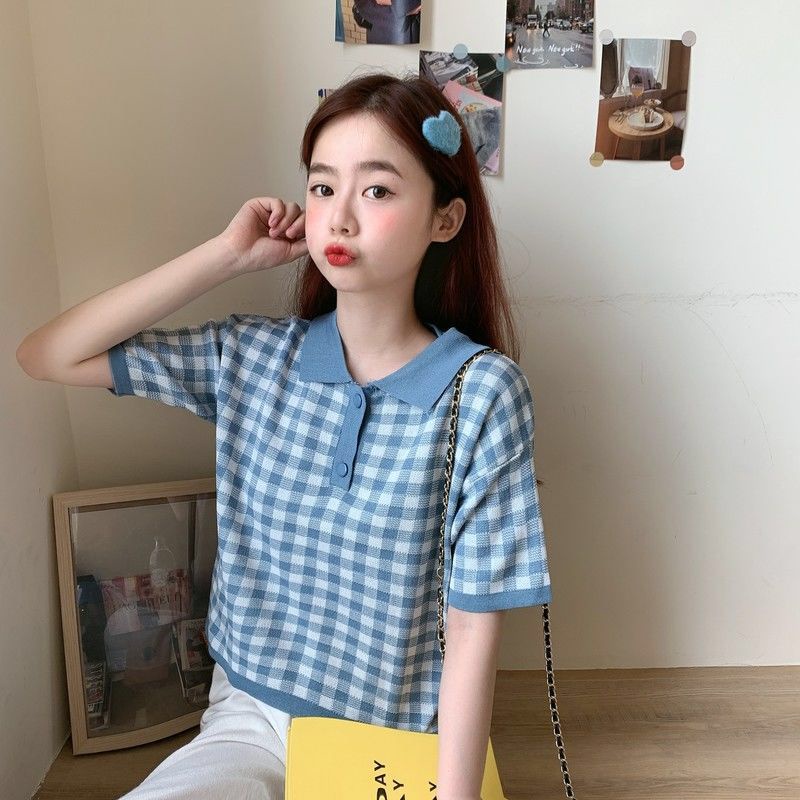 TOPGROSI TG1689 Atasan Knit Kotak Kotak Berkerah Import Crop Top Wanita Lengan Pendek Rajut Nyaman