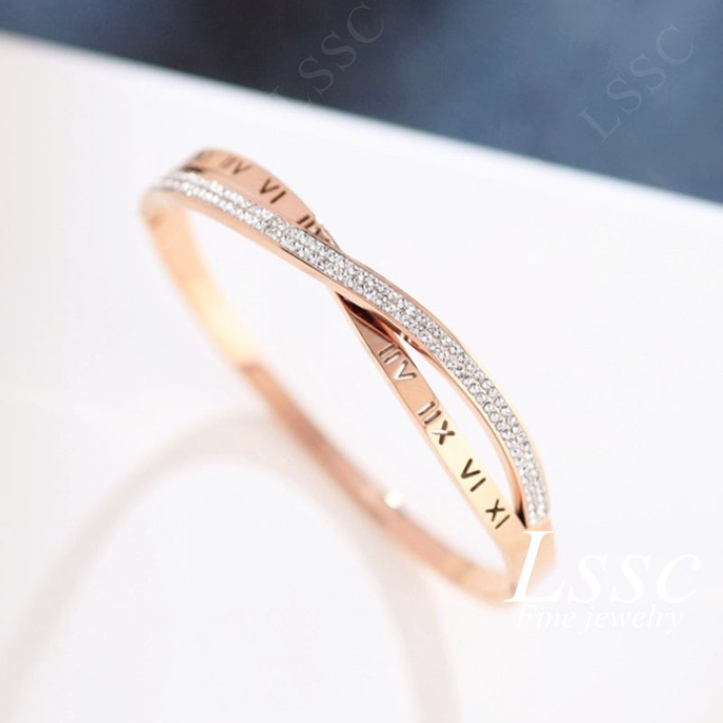 Gelang Titanium Salib Wanita Anti Karat Permata Berlian Mewah Elegan Emas 18K Fashion Korea Dewasa Bangle Aksesoris Perhiasan