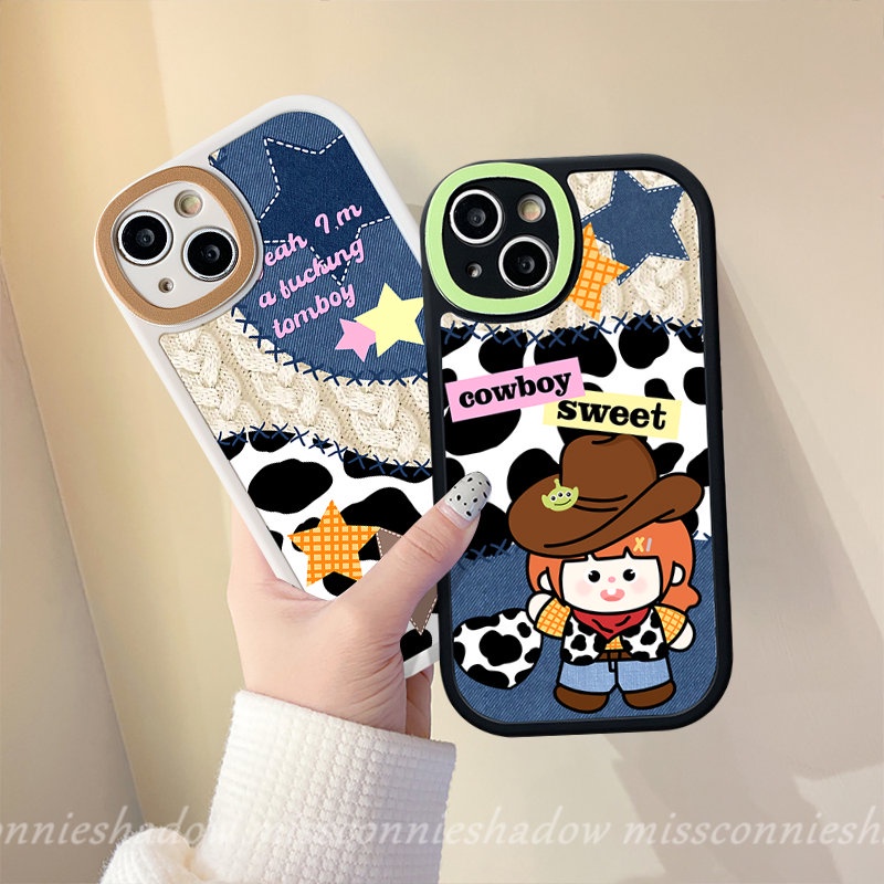 IPHONE Kartun Lucu Koboi Bintang Pasangan Ponsel Case Kompatibel Untuk Iphone11 14 Pro Max Xr7 6s 6 8 Plus X XS Max14 13 11 12 Pro Max SE 2020 Denim Patch Leopard Print Soft Tpu Back Cover