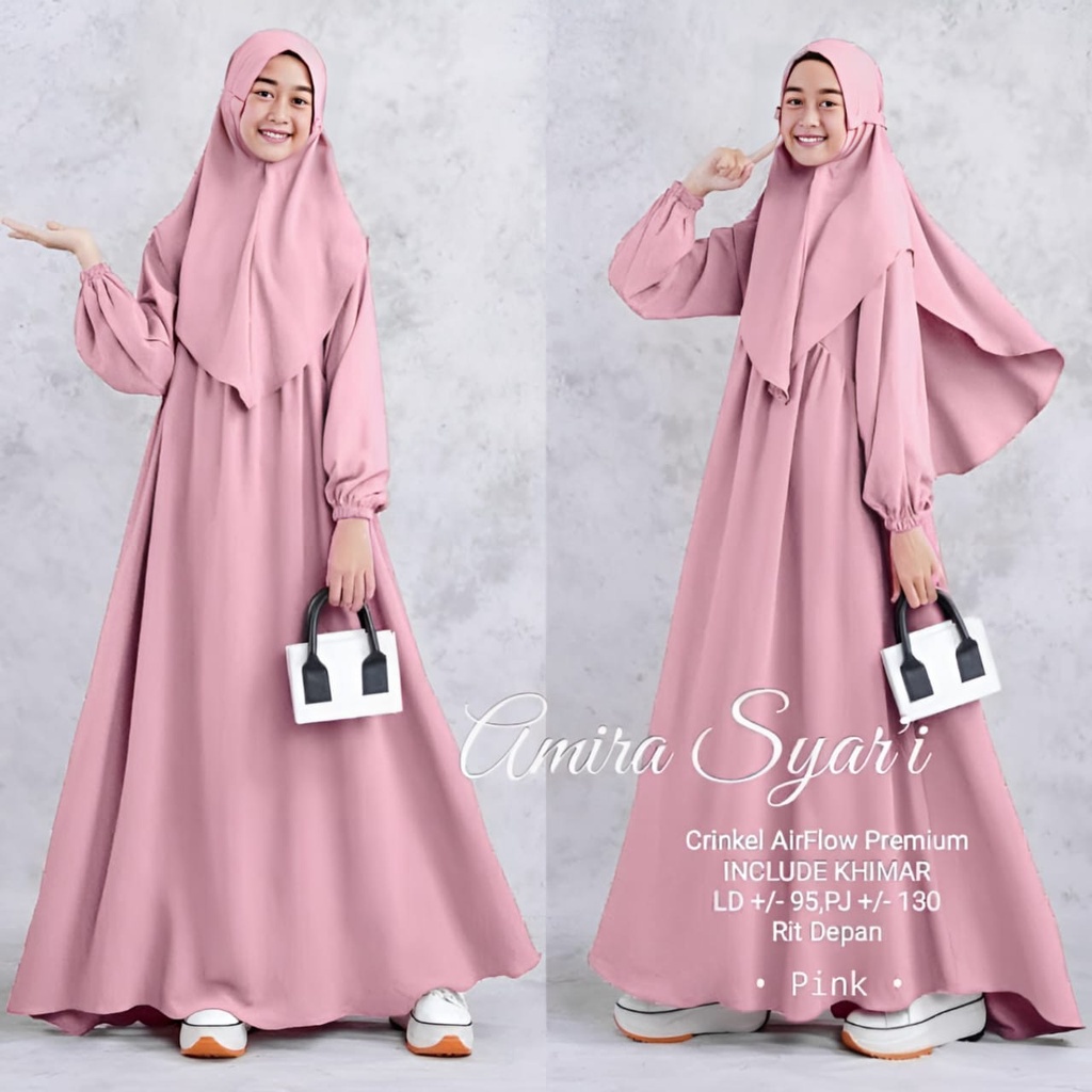 Amira Dress Muslim Anak Perempuan Matt Cringkle Airflow Polos Basic Fit To XL Besar OOTD Gamis Syarii Premium