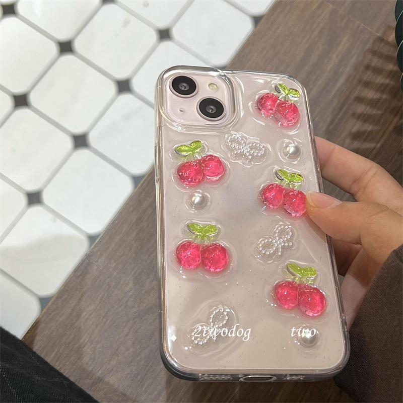 Casing Ponsel Epoxy Cherry Buah Glitter 3D Untuk iPhone 14 13 12 11 Pro MAX Plus Mini Bening Lucu Lembut TPU Cover Untuk iPhone X XS MAX XR 7 8 Plus SE 2022 2020 14Plus 13Mini 12Mini