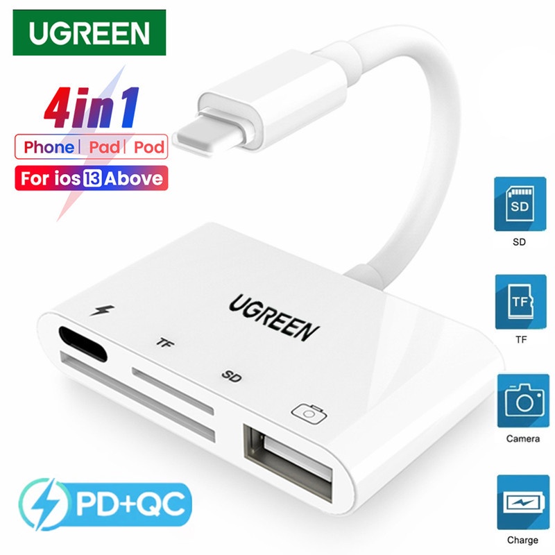 Ugreen 4in1 SD TF Memory Card OTG Adapter 8Pin Ke SD TF UBS Card Reader PD Charging Converter Untuk Kamera iphone