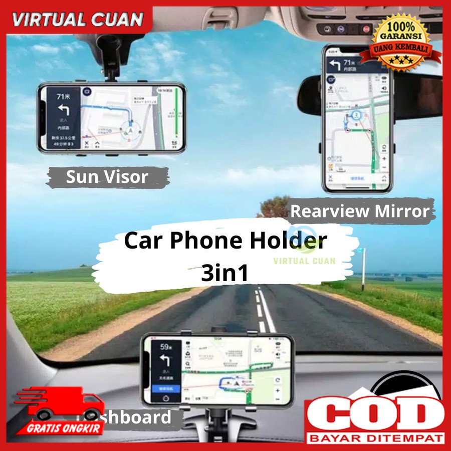Holder HP Mobil Jepit Dashboard 3in1 Phone Holder 360 Derajat