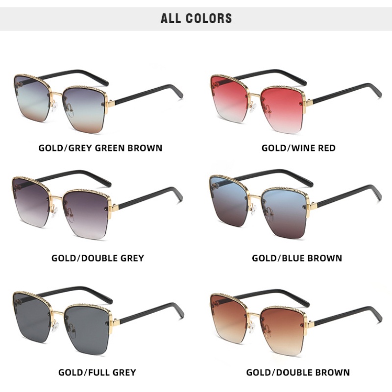 (YUZHU) Oversized Metal Half Rim Sunglasses Untuk Wanita Vintage Fashion Cat Eye Tiga Warna Gradient Sunglasses