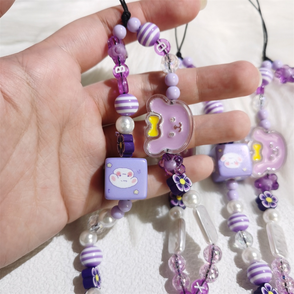 Lucu Beruang Ungu Garis Manik Rantai Ponsel Anti Hilang Lembut Tembikar Tali Tali Tali Lanyard Akrilik Warna-Warni Kasus Ponsel Gantung Kabel L161