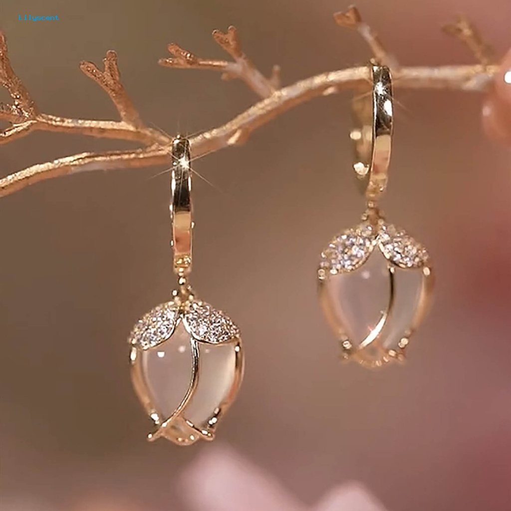 Lilyscent 1pasang Anti-Oksidasi Menjuntai Anting-Anting Aksesoris Pakaian Anting Hoop Kristal Imitasi Serbaguna Bersinar